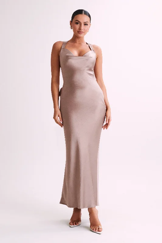 Caellie Satin Cowl Maxi Dress - Taupe