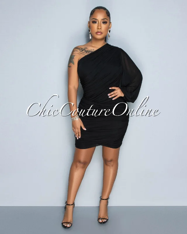 Carrey Black Single Long Mesh Sleeve Draped Dress