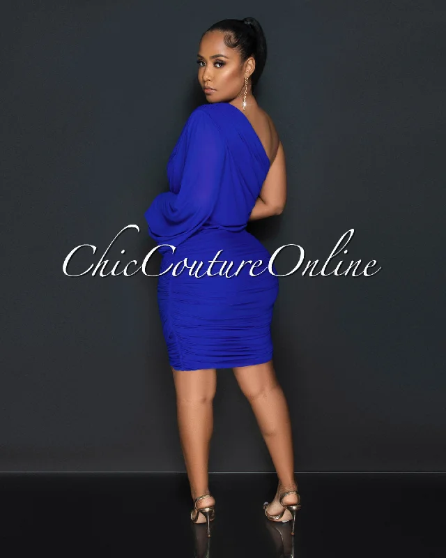 Carrey Royal Blue Single Long Mesh Sleeve Draped Dress