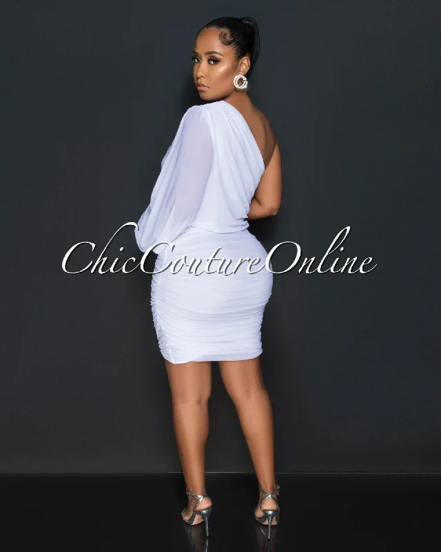 Carrey White Single Long Mesh Sleeve Draped Dress