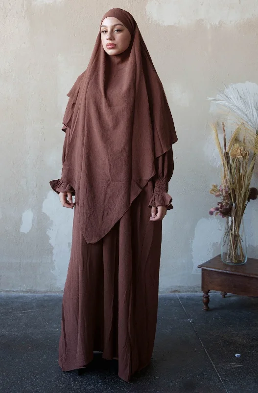 Coffee Ruched Cuff Bell Sleeves Abaya Maxi Dress