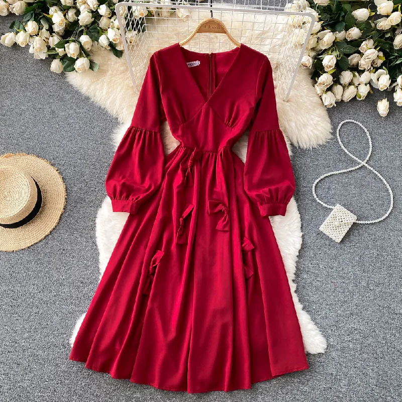 Cute V Neck Long Sleeve Dress A Line Fashion Dress  10858