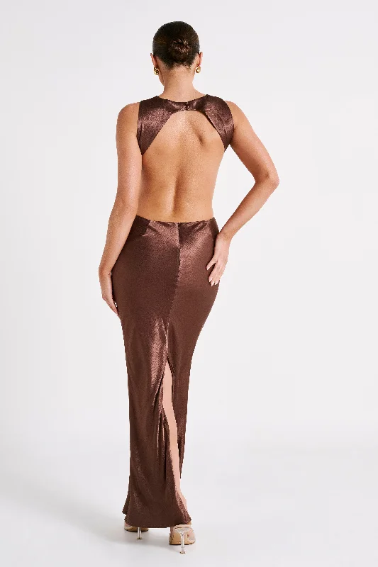 Electra Satin Cut Out Maxi Dress - Mocha