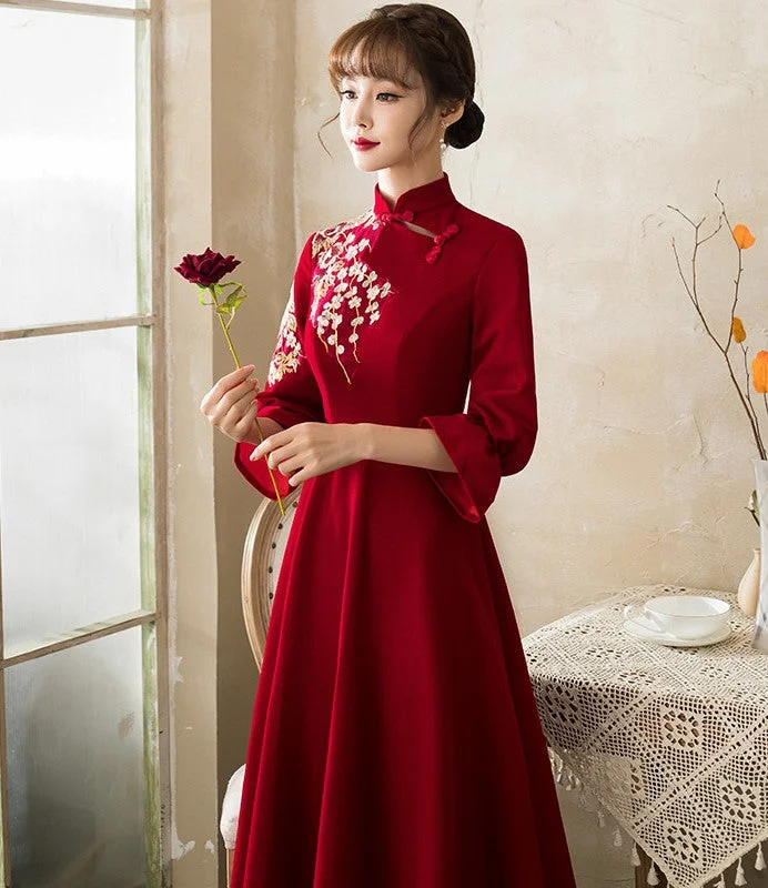 Floral Embroidery Long Sleeve Mandarin Collar Oriental Evening Dress