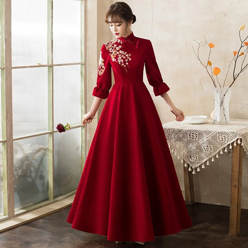 Floral Embroidery Long Sleeve Mandarin Collar Oriental Evening Dress