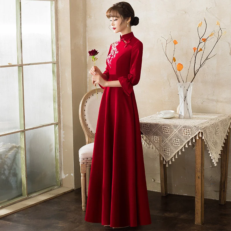 Floral Embroidery Long Sleeve Mandarin Collar Oriental Evening Dress