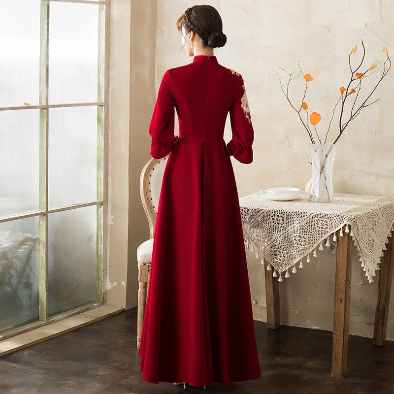 Floral Embroidery Long Sleeve Mandarin Collar Oriental Evening Dress