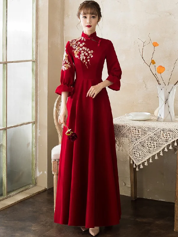 Floral Embroidery Long Sleeve Mandarin Collar Oriental Evening Dress