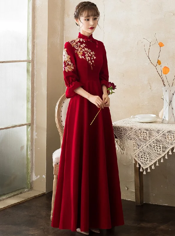 Floral Embroidery Long Sleeve Mandarin Collar Oriental Evening Dress