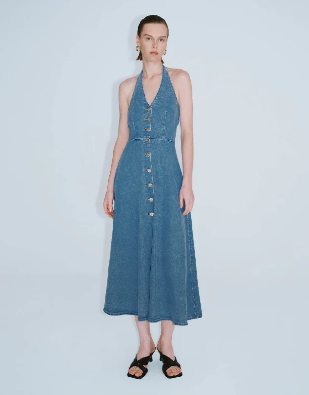 Halter Neck Sleeveless Denim Dress