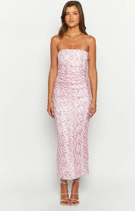 Imogen Pink Floral Print Strapless Maxi Dress