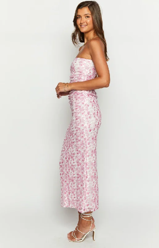 Imogen Pink Floral Print Strapless Maxi Dress