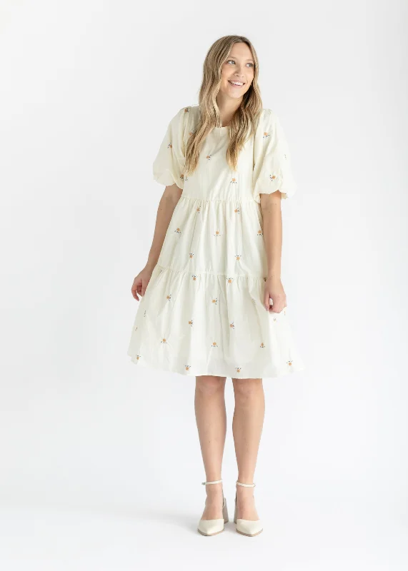 Ivory Puff Sleeve Embroidered Midi Dress - FINAL SALE