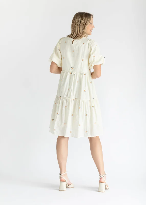 Ivory Puff Sleeve Embroidered Midi Dress - FINAL SALE