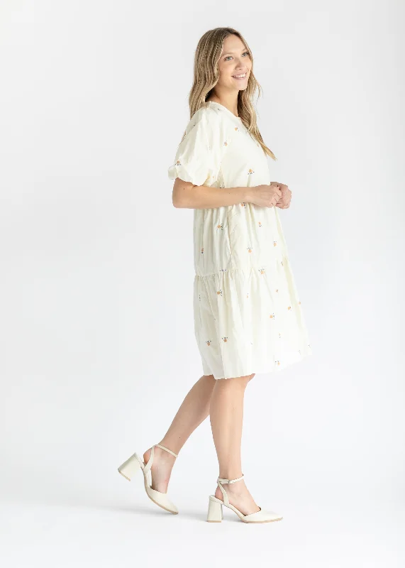 Ivory Puff Sleeve Embroidered Midi Dress - FINAL SALE