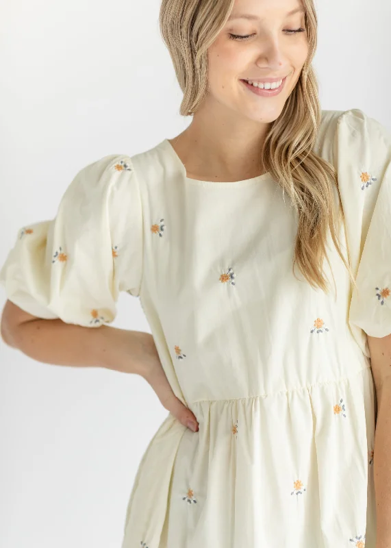 Ivory Puff Sleeve Embroidered Midi Dress - FINAL SALE