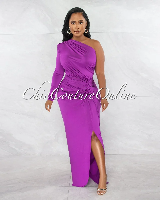 Kimber Magenta Single Shoulder Draped Maxi Dress