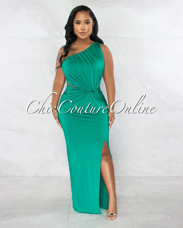 Odessa Green Single Shoulder Cut-Out Draped Maxi Dress