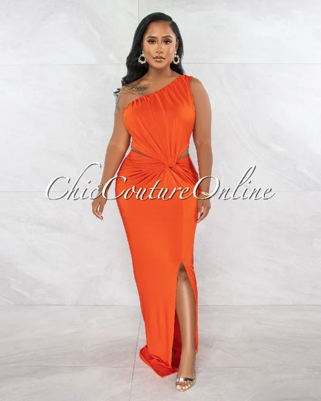 Odessa Orange Single Shoulder Cut-Out Draped Maxi Dress