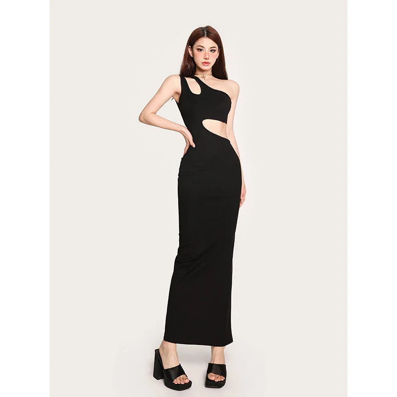 Salia Solid Color Black Cut Out Off Slim Waist Hollowed Out Long Dress