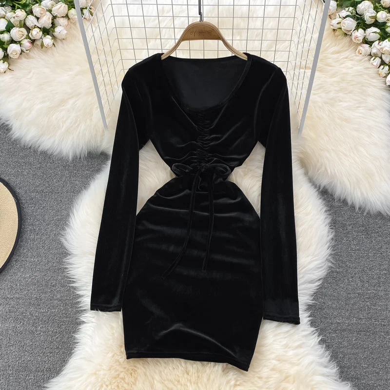 Sexy V Neck Velvet Long Sleeve Dress Fashion Dress  10864