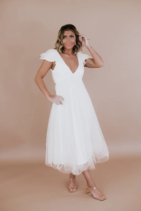 Short Sleeve Tulle Midi Dress, Cream