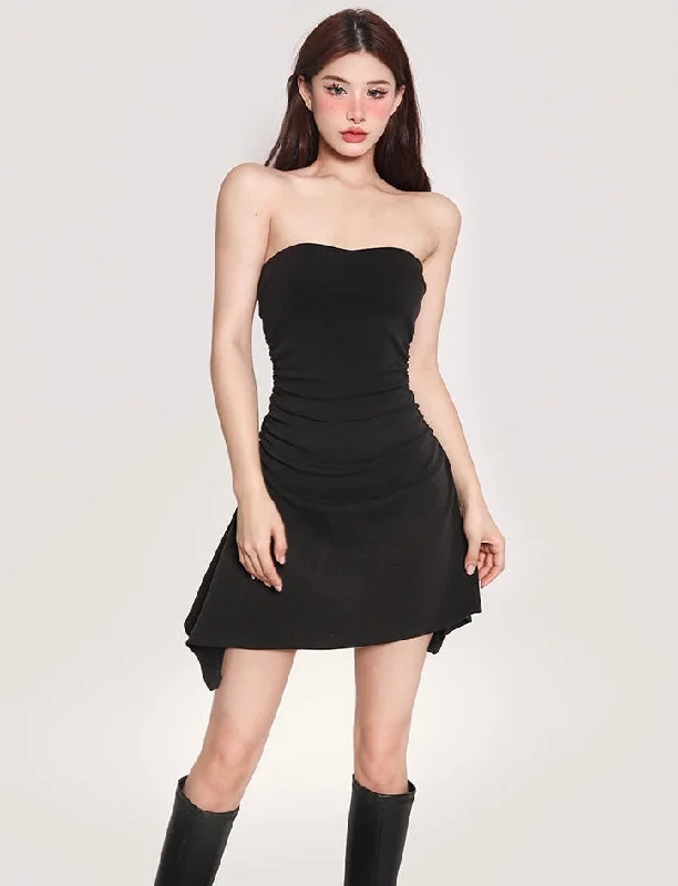 Sissy Solid Color Bandeau Sleeveless Pleated Short Mini Dress