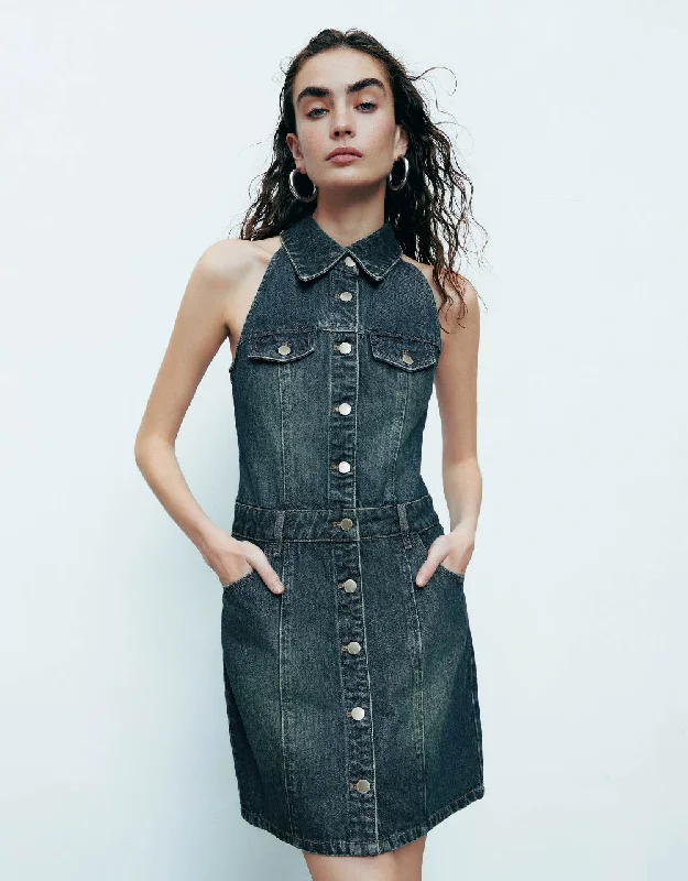 Sleeveless Lapel Denim Dress