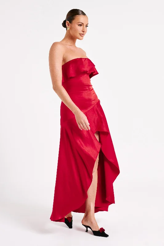 Sulianna Strapless Ruffle Midi Dress - Vermilion Red