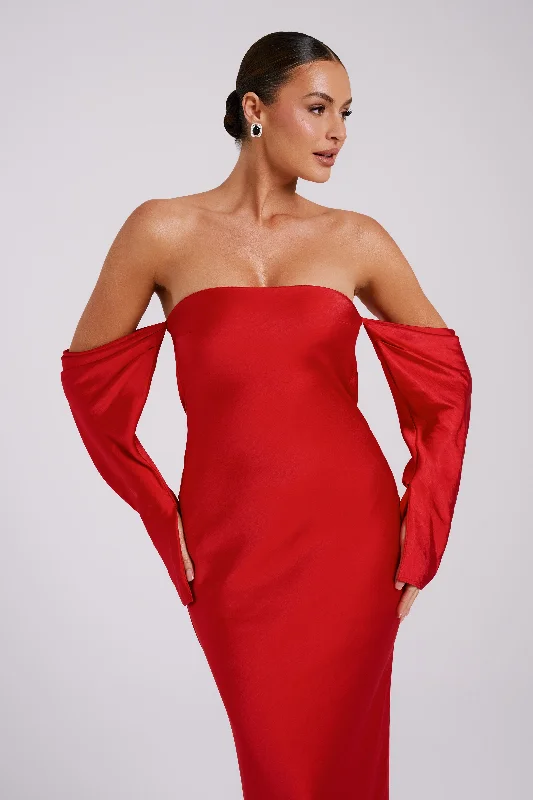 Vee Off Shoulder Satin Midi Dress - Red