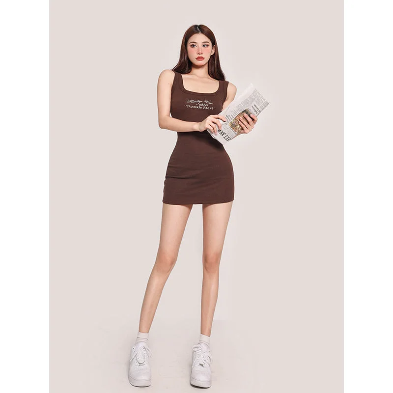 Yielle Solid Color Square Neck Sleeveless Slim Casual Mini Dress