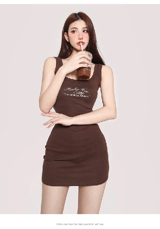 Yielle Solid Color Square Neck Sleeveless Slim Casual Mini Dress