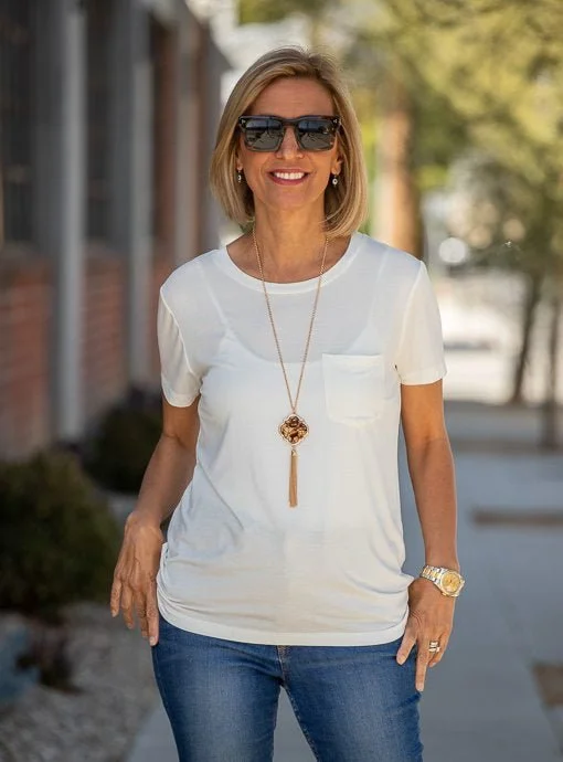 Ivory Round Neck Short Sleeve Top with Pocket