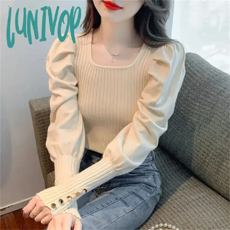 Lunivop Autumn Winter New Women's Pullovers Commuter Square Collar Screw Thread Folds Puff Sleeve Elegant Slim Versatile Sweaters Tops