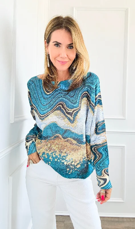 Marbled Elegance Italian St Tropez Knit - Turquoise