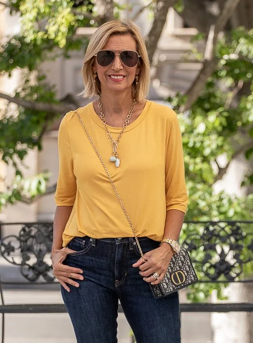 Mustard Round Neck Elbow Length Sleeve Top