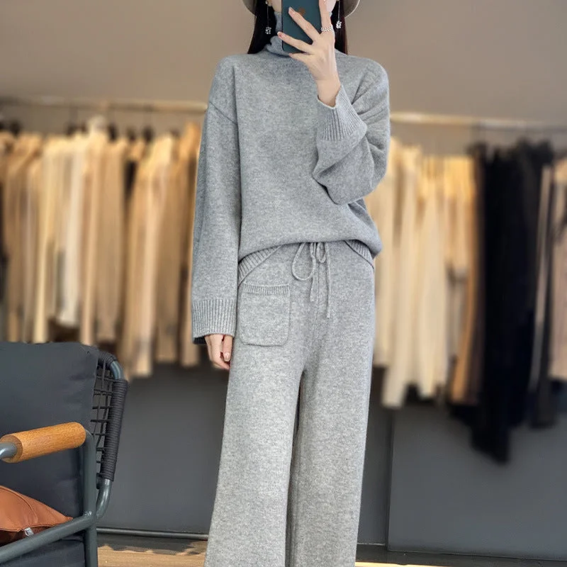 Sweater pants two-piece set women's knitted trousers turtleneck pullover cardigan lazy casual gray wool pants suit