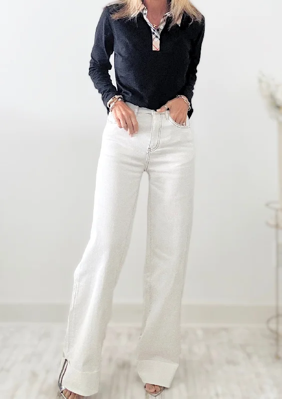 90S Stretch Cuffed Hem High Rise Straight Jeans - Off White