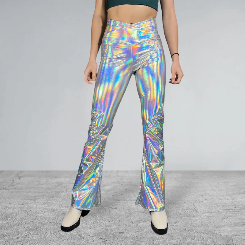 Crossover V-Waist Bootcut Flare Pants - Opal Holographic