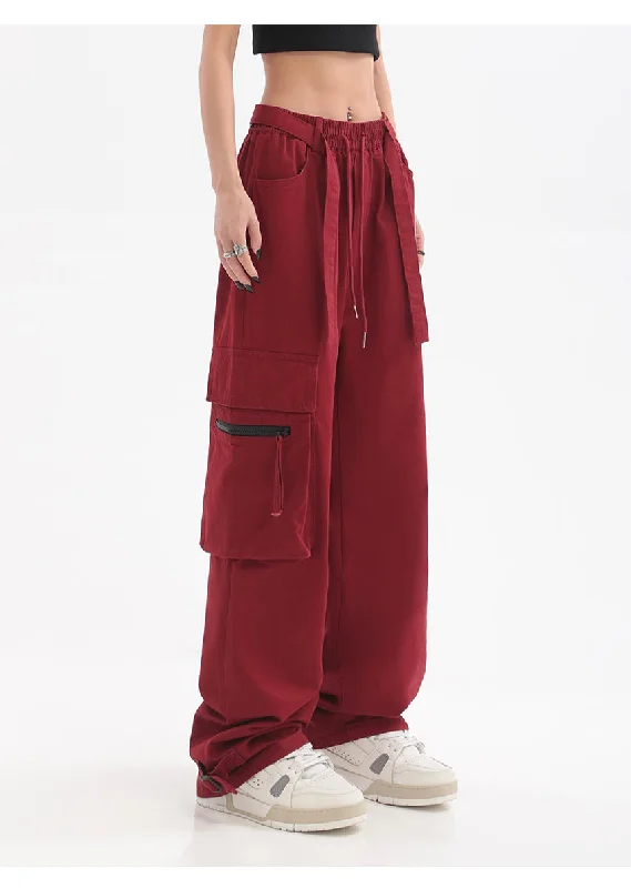 Giana Solid Color Red Multi-Pocket Straight Leg High Waist Cargo Pants