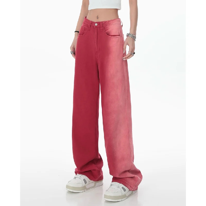 Horos Washed Gradient Red High Waist Straight Leg Denim Jeans Pants