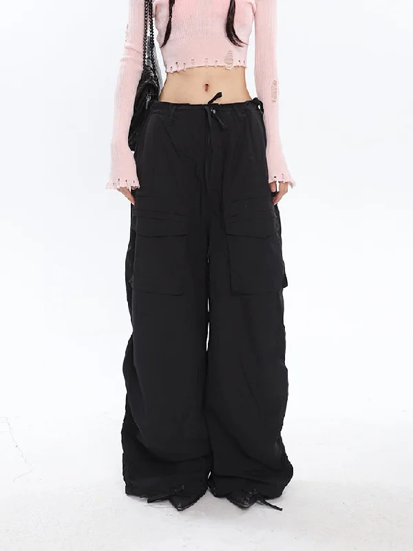 Krissy Solid Color Drawstring Multi-Pocket Straight Leg High Waist Cargo Parachute Pants