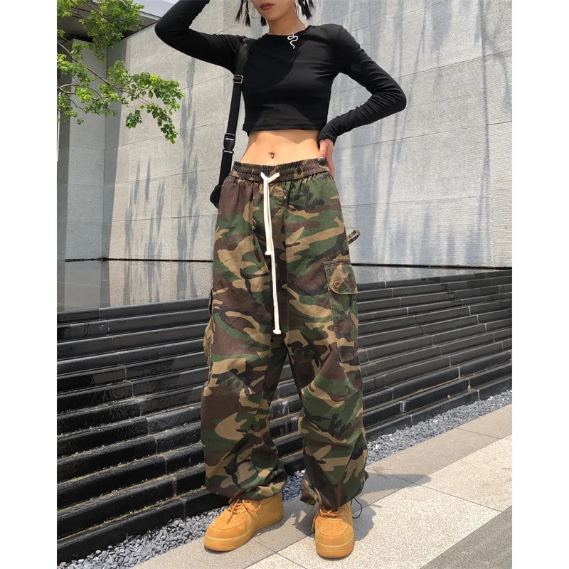 Laurence Army Green Camouflage Multi-Pocket Cargo High Waist Straight Leg Pants