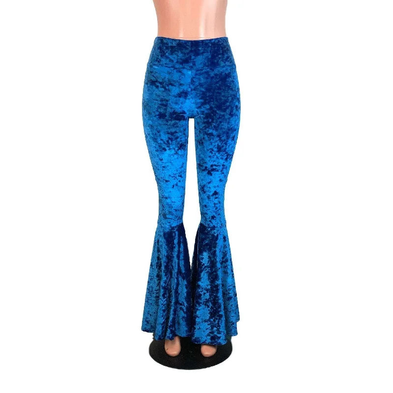 High Waisted Bell Bottom Flares - Royal Blue Crushed Velvet