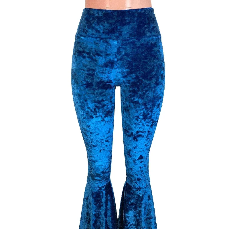 High Waisted Bell Bottom Flares - Royal Blue Crushed Velvet