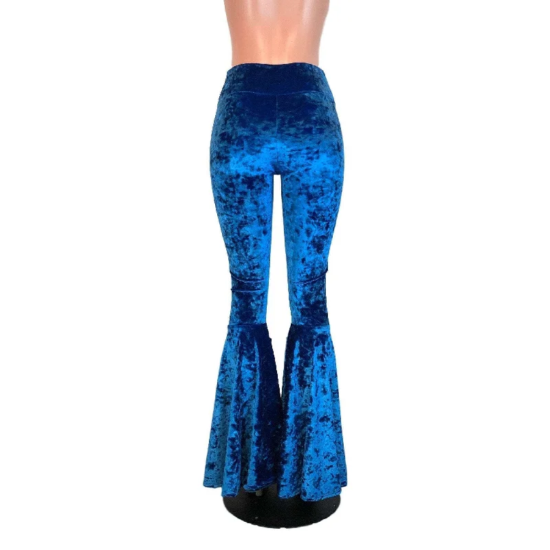 High Waisted Bell Bottom Flares - Royal Blue Crushed Velvet