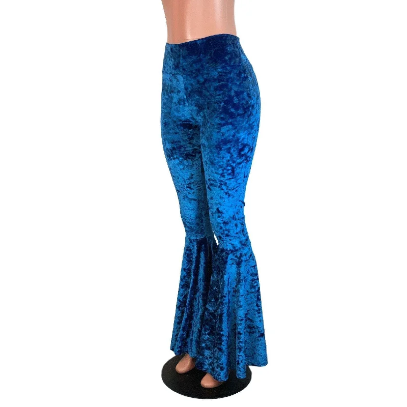 High Waisted Bell Bottom Flares - Royal Blue Crushed Velvet