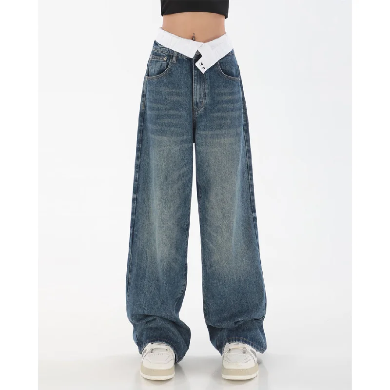 Silvia Washed Faded Denim Blue High Waist Street Straight Leg Lapel Folded Waist Jeans Long Pants