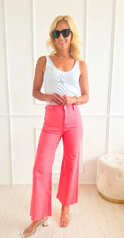 Stretch Wide Leg High Rise Cropped Denim Jean - Flamingo Pink