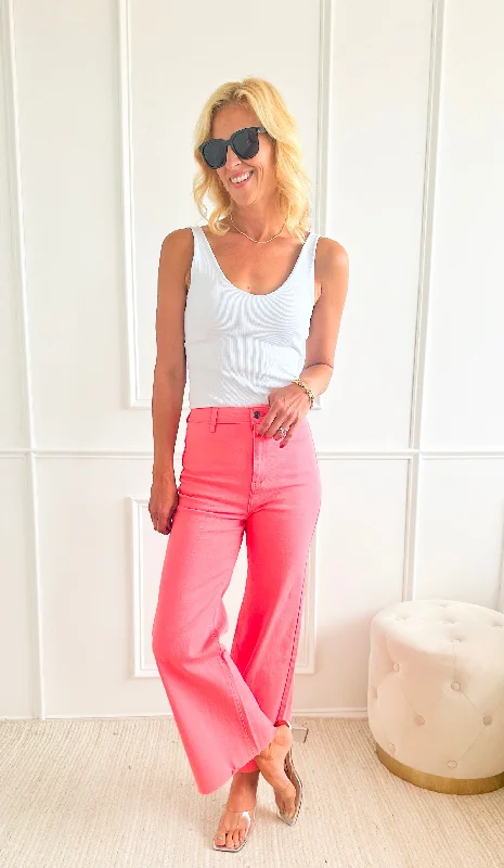 Stretch Wide Leg High Rise Cropped Denim Jean - Flamingo Pink